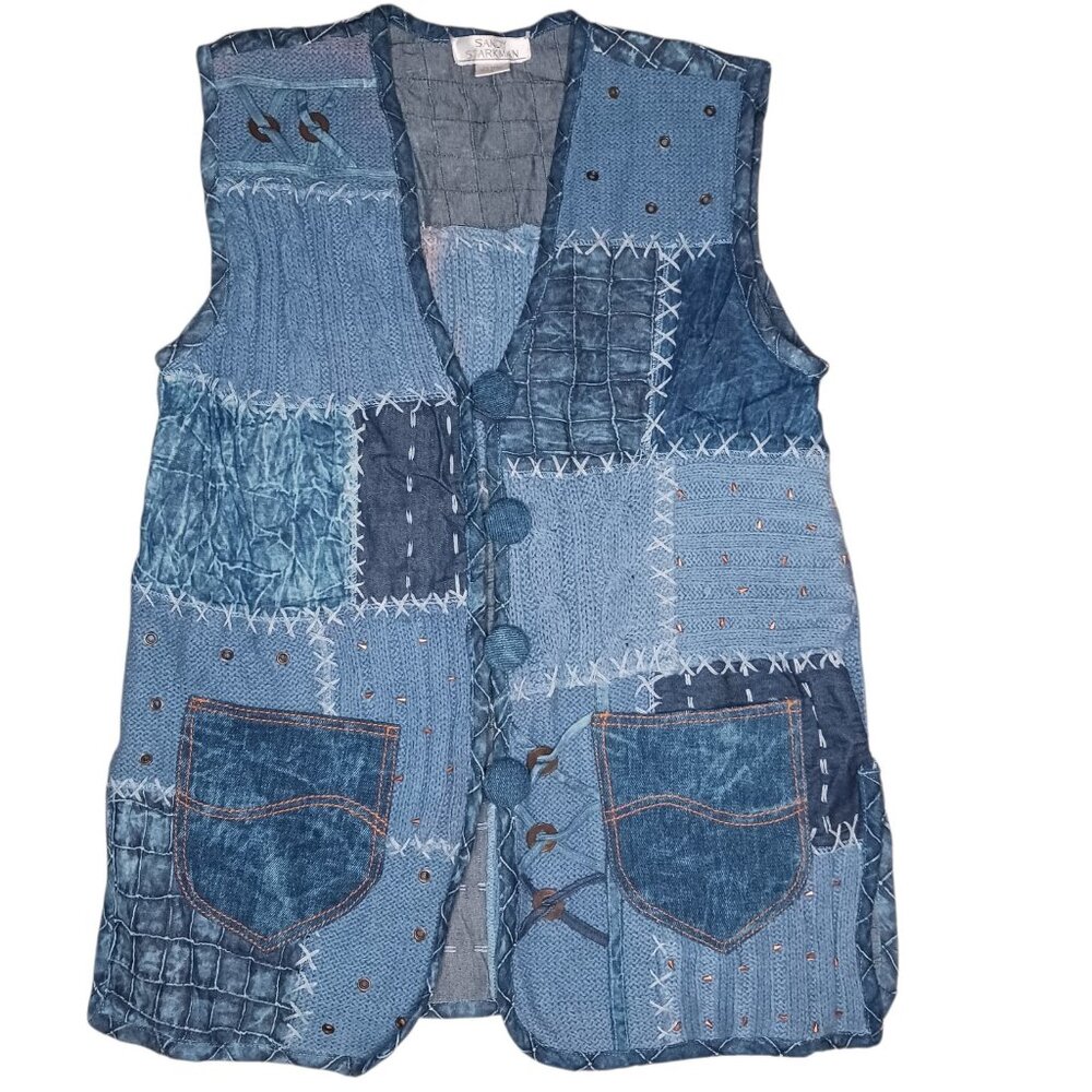 VTG Sandy Starkman 3D Cable Knit Patchwork Cardigan Vest Lagenlook Boho Artisan